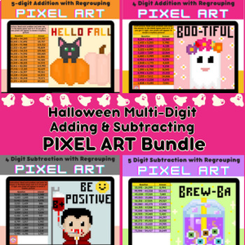 Preview of Halloween Multi-digit Addition & Subtraction Fall Pixel Art Mini Bundle