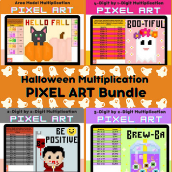 Preview of Halloween Multi-digit Multiplication Fall Pixel Art Mini Bundle