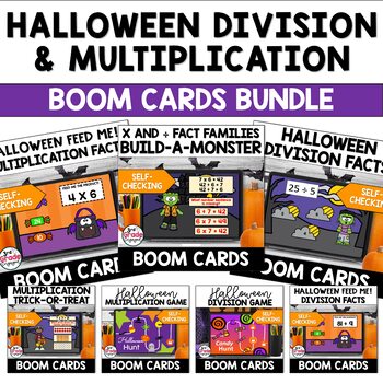 Preview of Halloween Multiplication & Division Math Boom Cards Bundle Digital Task Cards