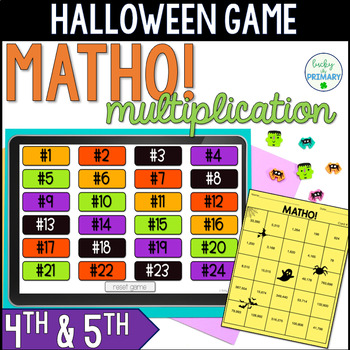 Preview of Halloween Multiplication Math Bingo Game for 5th Grade | MATHO 5.NBT.B.5