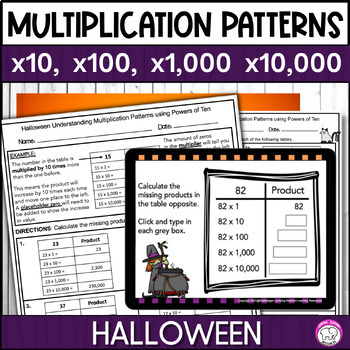 Preview of Halloween Multiplication Patterns with Powers of Ten Google Slides and Print