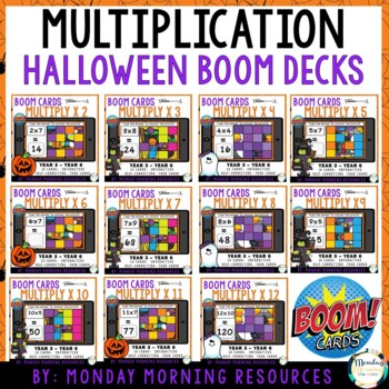 Preview of Halloween Multiplication Reveal Puzzles BUNDLE Boom Cards™