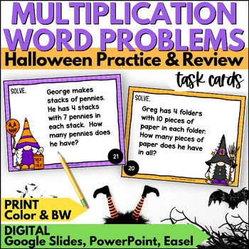 Preview of Halloween 1 Step Multiplication Word Problems Task Cards Math Practice & Review