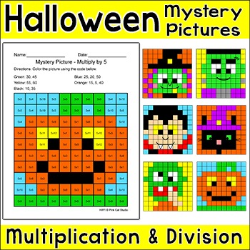Preview of Color by Multiplication and Division Mystery Pictures - Halloween Math Center