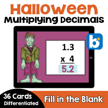 Preview of Halloween Multiplying Decimals Boom Cards | Self Correcting