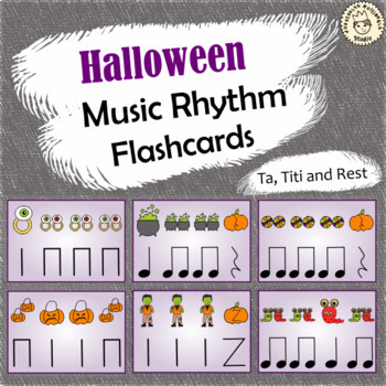 Preview of Halloween Music Rhythm Flashcards | Ta, Ti-Ti, Rest | Google Slides™ + PDF