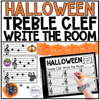 Preview of Halloween Treble Clef Notes Music Write the Room Game & Scavenger Hunt