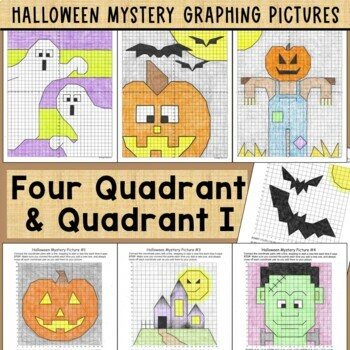 Preview of Halloween Mystery Graphing Pictures Four Quadrant and Quadrant I Bundle