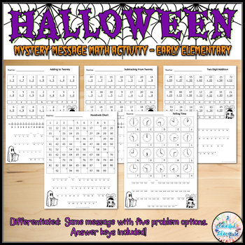 Preview of Halloween Mystery Message Math Worksheet {Early Elementary - Differentiated}
