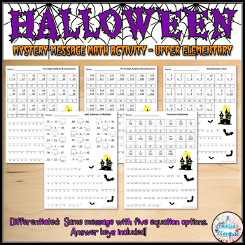 Preview of Halloween Mystery Message Math Worksheet {Upper Elementary - Differentiated}
