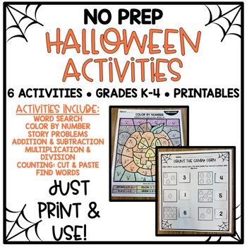 Preview of Halloween NO PREP Printables {6 ELA & Math Activities for K-4)
