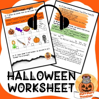 Halloween Night Listening and Writing worksheet {Made by PurrPurr Teacher}