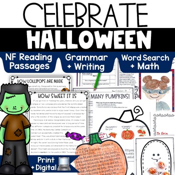 Preview of Halloween No Prep Activities Reading Comprehension Passage Writing Math Boo Gram