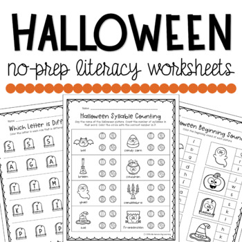 Halloween No-Prep Literacy Worksheets for Preschool Pre-K and Kindergarten