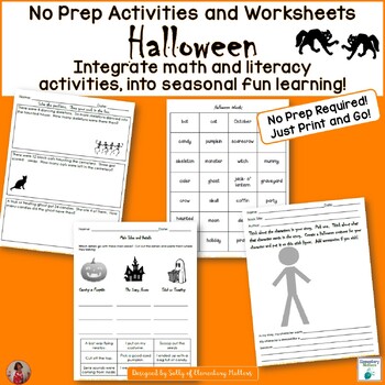 Preview of Halloween No Prep Literacy and Math Worksheets Activities and Printables
