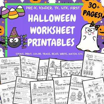 Halloween No Prep Worksheet Printables - PreK, Kindergarten, TK, UTK, First