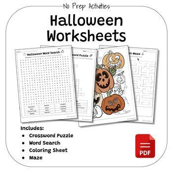 Halloween No Prep Worksheets | Word Search, Maze, Coloring Sheet, Crossword