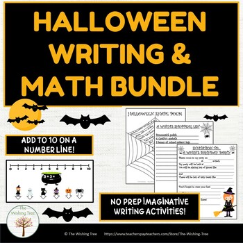 Preview of Halloween No Prep Writing & Math Bundle | Add to 10 on a Number Line | Narrative