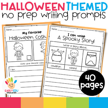 Preview of Halloween No Prep Writing Prompt Worksheet Pack - Kindergarten / Grade 1