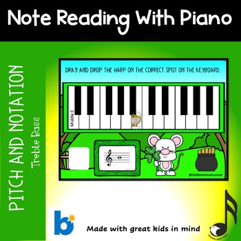Preview of St Patrick - Note Reading Treble Clef on Piano Digital Task Cards on Boom Cards™