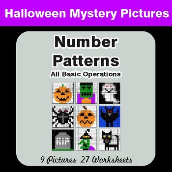 Halloween: Number Patterns: Misc Operations - Color-By-Number Math Mystery Pictures