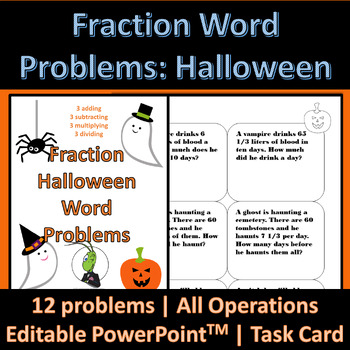 Preview of Halloween Operations of Fractions Word Problems Worksheet | Printable
