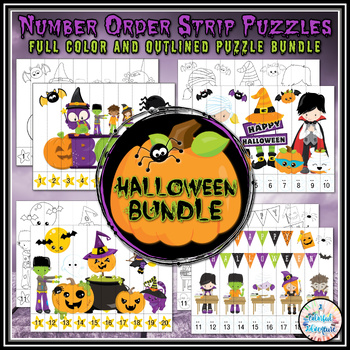 Preview of Halloween Ordering Numbers Puzzle Bundle October Math Centers {color & outlined}