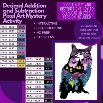 Preview of Halloween Owl Decimal Addition and Subtraction Pixel Art Mystery Reveal