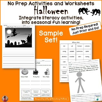 Preview of Halloween Literacy No Prep Worksheets and Printables Sample