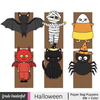 Preview of Halloween Paper Bag Puppets BUNDLE Spider, Candy Corn, Devil, Mummy, Bat, Cat