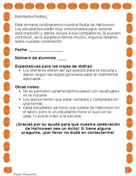 Preview of Halloween Parent Letter *Editable* in ENGLISH AND SPANISH!
