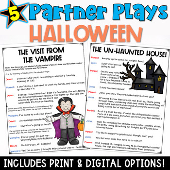 Preview of Halloween Reading Activity: Partner Play Scripts and Comprehension Worksheets