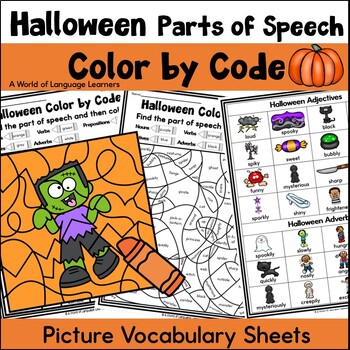 Preview of Halloween Parts of Speech Color by Code & Illustrated Vocabulary Sheets