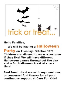 Preview of Halloween Party Flyer for Parents In-home Daycare