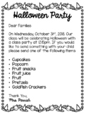 Halloween Party Letter for Parents-English/Spanish