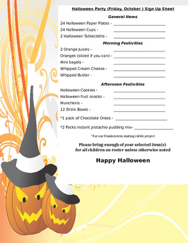 Preview of Halloween Party Sign Up Sheet PreK-2