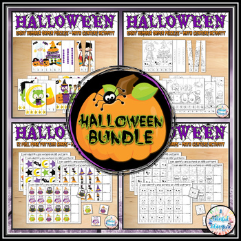 Preview of Halloween Pattern Cards and Number Order Puzzles Math Centers Activities Bundle