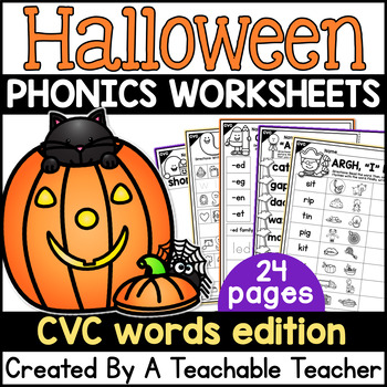 Preview of Halloween Phonics CVC Words Worksheets with Short Vowels