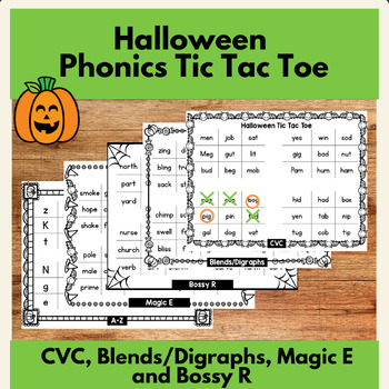 Preview of Halloween Phonics Tic Tac Toe Game / Activity for Literacy Centers in Grades K-2