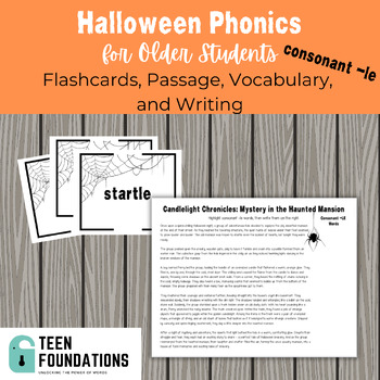 Preview of Halloween Phonics consonant -le | Intervention Cards, Passage, Vocab, Writing