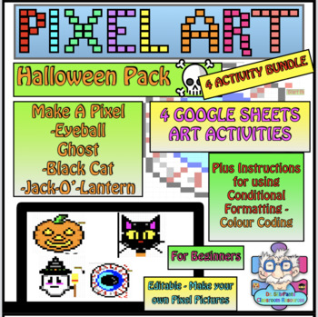 Preview of Halloween Pixel Art Bundle - 4 Digital Art Activities Google Sheets