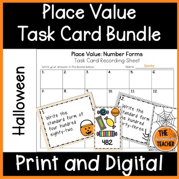 Preview of Halloween Place Value Task Cards Print and Digital BUNDLE