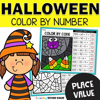 Preview of Halloween Place Value - expanded form, the value of a number Color by Code Fall