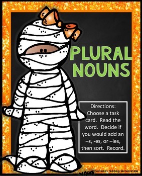 Preview of Halloween Plural Nouns adding -s and -es  ELA Center 1st 2nd Grade Practice Fun