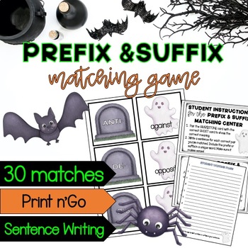 Preview of Halloween Prefix & Suffix Matching Game | Sentence Writing