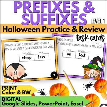 Preview of Halloween Prefixes & Suffixes Task Cards Vocabulary Activities for October - 1