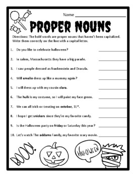 halloween proper nouns halloween nouns halloween grammar worksheet