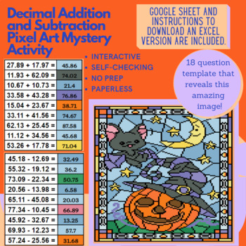 Preview of Halloween Pumpkin Bat Decimal Addition and Subtraction Pixel Art Mystery Reveal