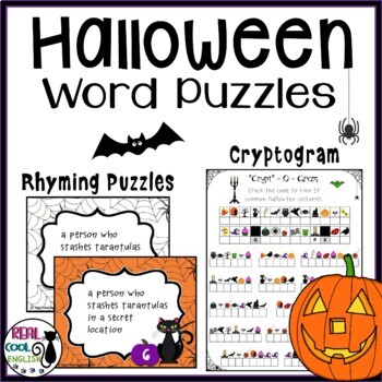 Preview of Halloween Puzzle Activities -  Cryptogram and Hink Pinks - Word Games