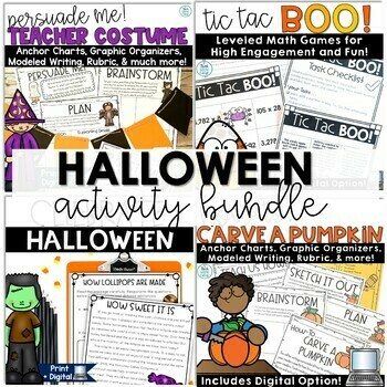 Preview of Halloween Reading Comprehension Passages Math Games Writing Activities
